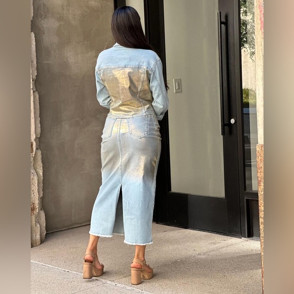 Set of Metallic Gold Denim Jeans Skirt & Jacket, Large Light Blue - Picture 10 of 16